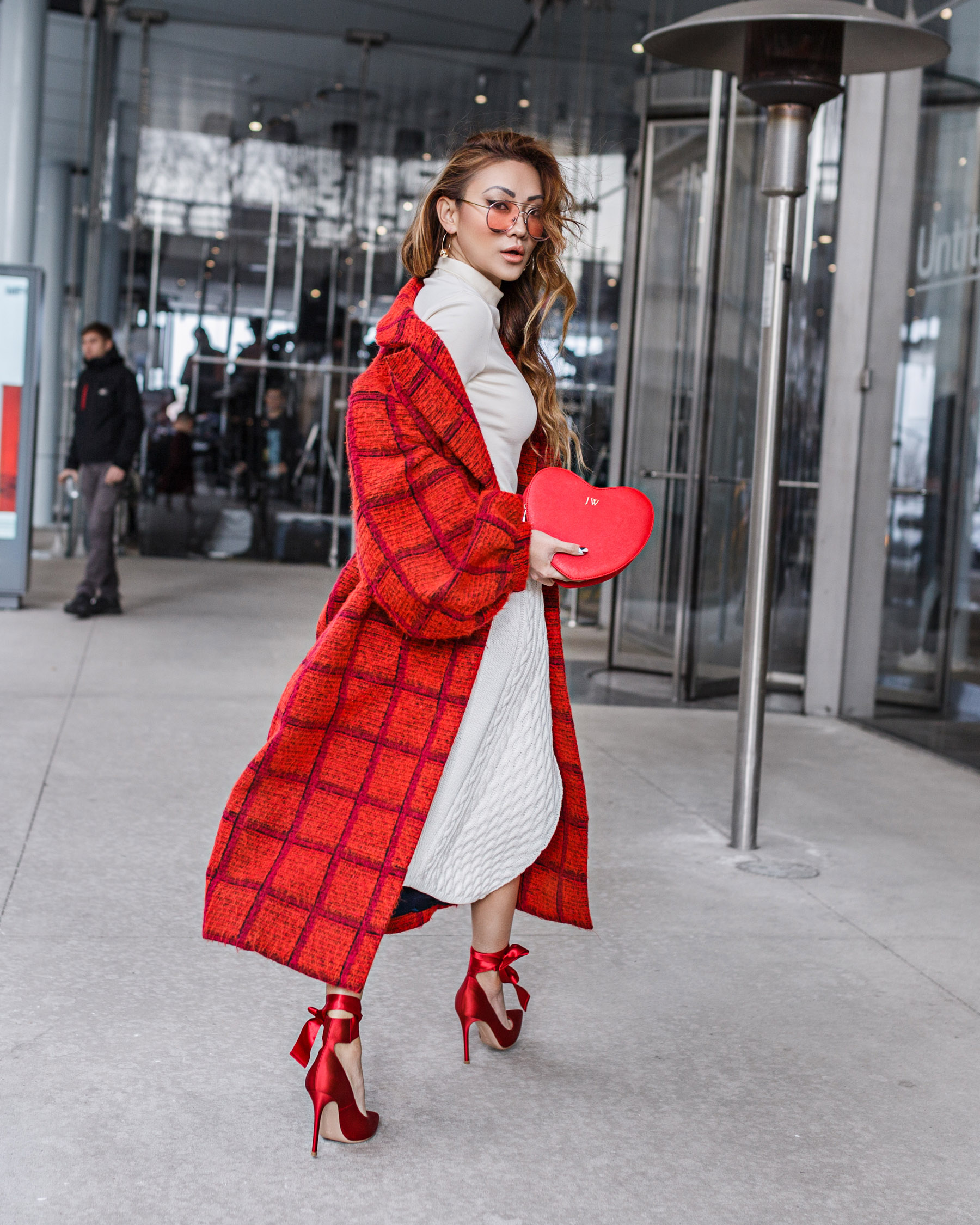 Karen Walker Long Plaid Coat Gianvito Rossi Red Ribbon Heels Valentines Look // NotJessFashion.com