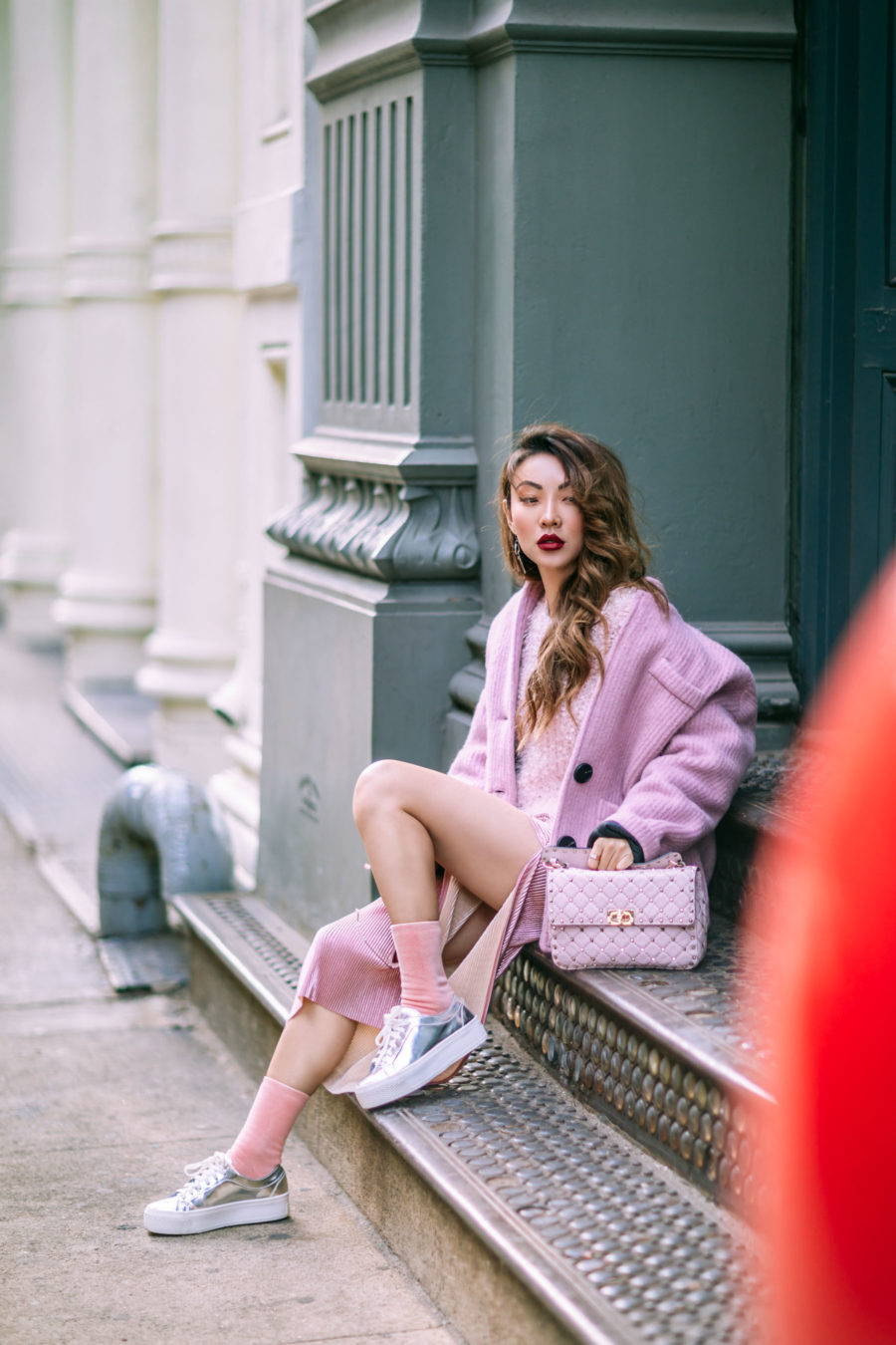 How to Pull Off Springs Trends in the Winter - Pink Monochrome Outfit // Notjessfashion.com // pink blazer, pink fluffy sweater, metallic pink skirt, silver sneakers, metallic shoes, casual pink outfit, pink valentino bag, valentino handbag, fashion blogger, fashion blogger street style, street style fashion, jessica wang, asian blogger, pink socks, edgy style