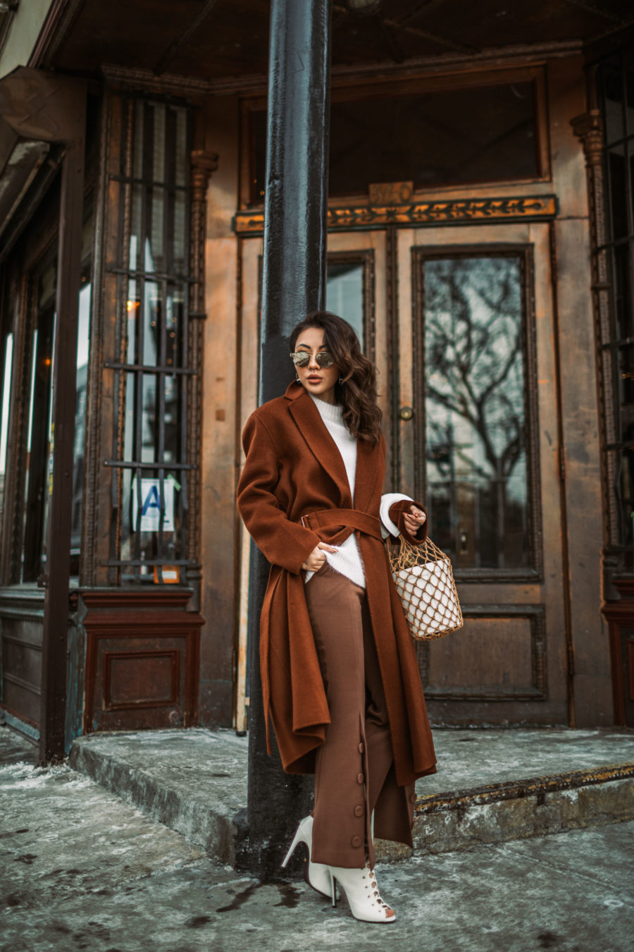 Up and Coming Handbag Brands to Know in 2018 // Notjessfashion.com // staud macrame bag, brown button trousers, wrap coat, robe coat, chic winter outfit, new york fashion blogger, aviator sunglasses, brown monochromatic outfit