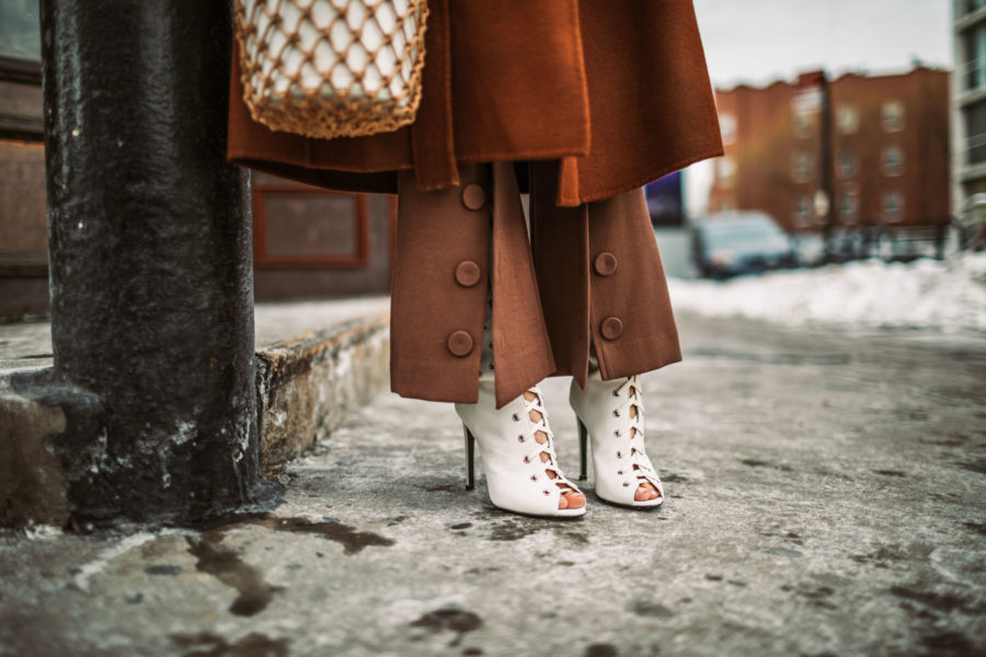 Up and Coming Handbag Brands to Know in 2018 // Notjessfashion.com // staud macrame bag, brown button trousers, wrap coat, robe coat, chic winter outfit, new york fashion blogger,