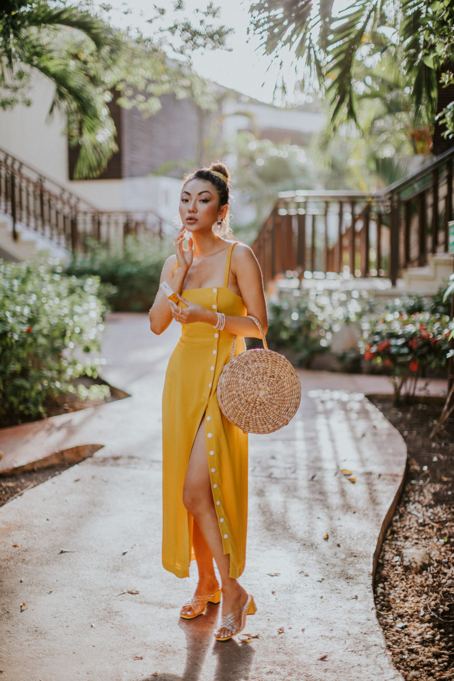 How to Get Smoother and Brighter Skin - Clinique Fresh Press, Clinique Vitamin C Serum, Fairmont Mayakoba, yellow dress, straw circle bag // Notjessfashion.com