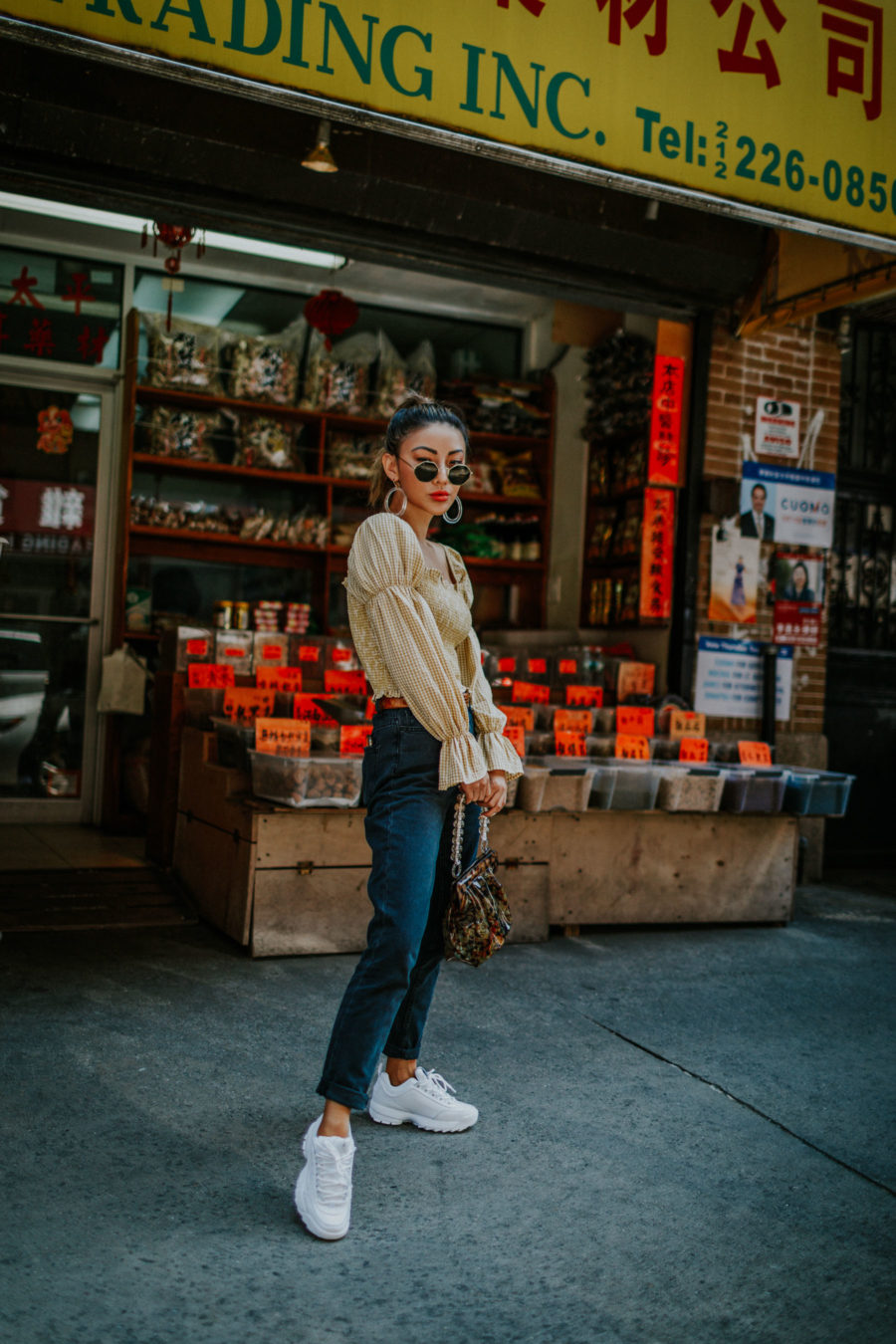 Shop your favorite fall trends with Afterpay at Urban Outfitters- BDG Mom Jeans, smocked top, western belt, hexagonal sunglasses, NYC fashion blogger // Notjessfashion.com