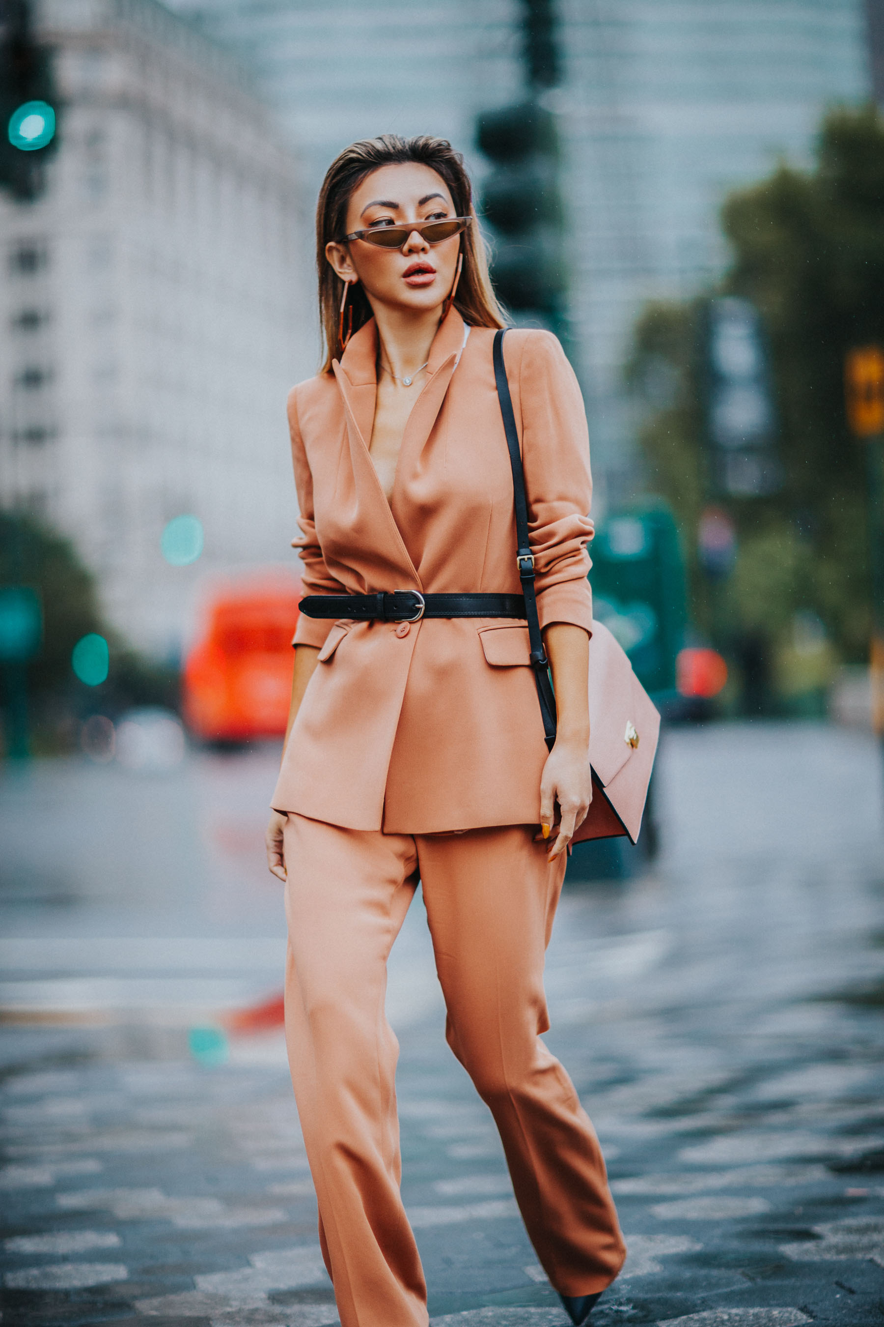 How to Style Pantsuits - Reiss Pant Suit, Belted Blazer, Tan suit, suits for women, cat eye sunglasses // Notjessfashion.com