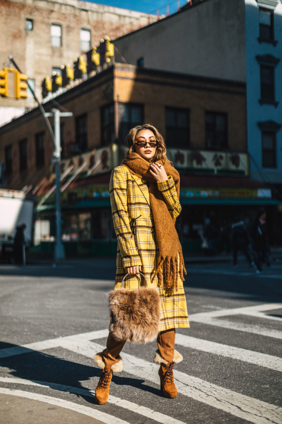 Behind the Scenes of a Successful Photoshoot Uber - New York Fashion Blogger, yellow plaid coat, chunky scarf, fur handbag // Notjessfashion.com