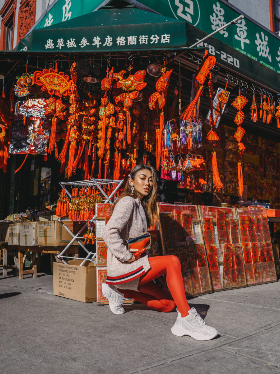 What to wear for Chinese New year, Sandro tweed set, red tights, red leather gloves // Notjessfashion.com