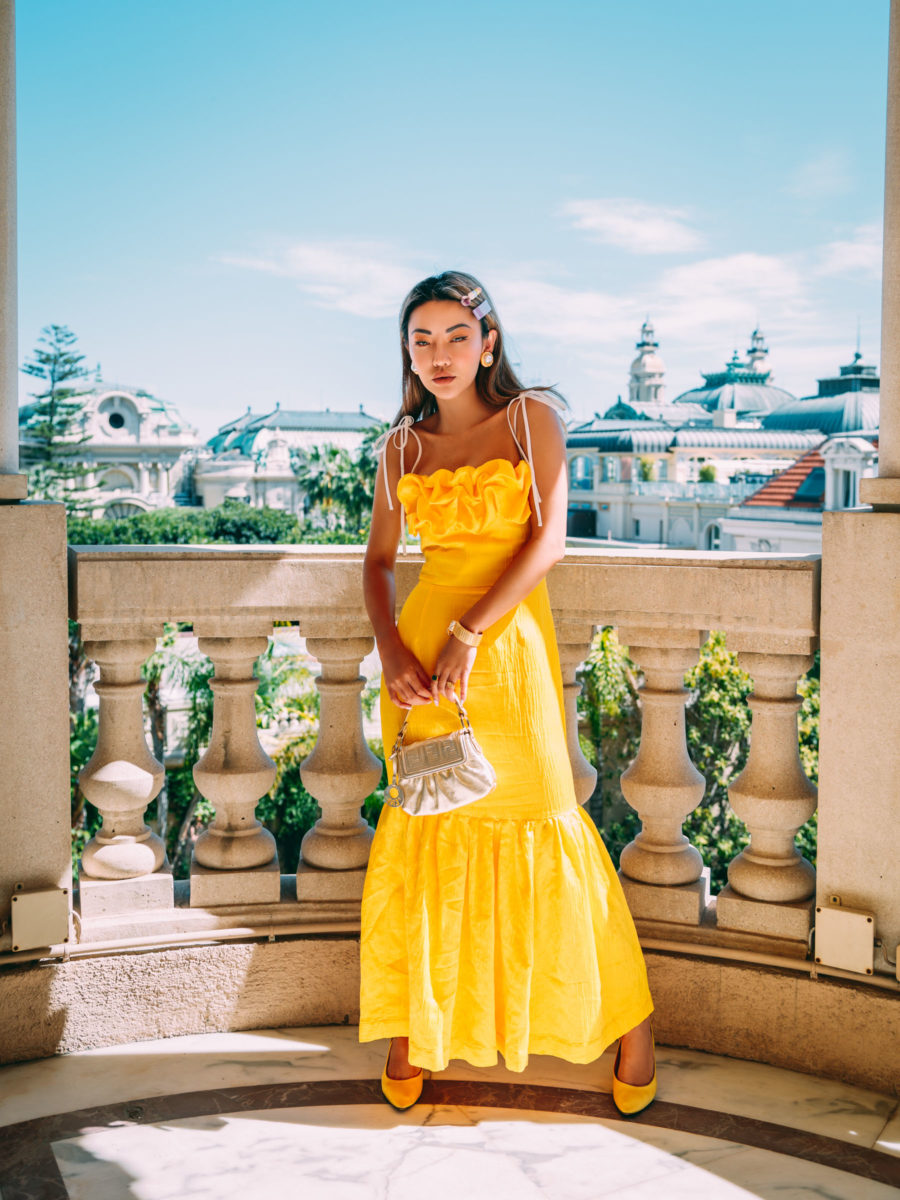 yellow linen dress, yellow tie strap dress, fendi mini bag, yellow pumps // Notjessfashion.com