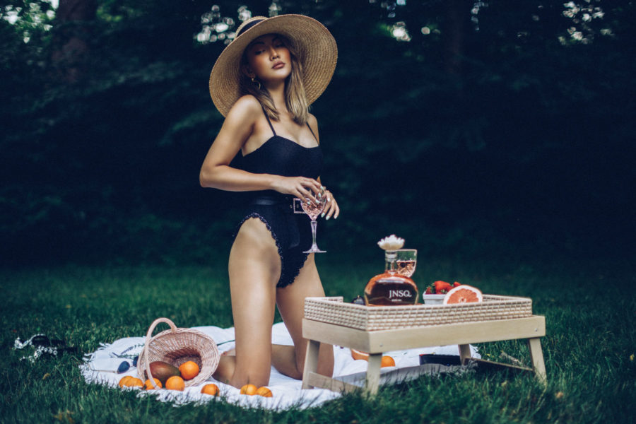 fashion girl's guide to entertaining, jnsq wines, jnsq rose wine, summer rose, black belted bikini, wide brim hat // Notjessfashion.com