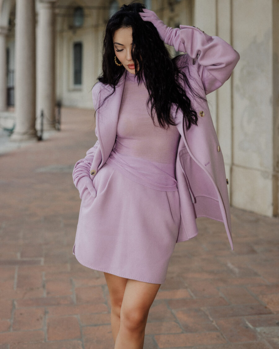 Jessica wang wearing a lavender skirt suit // Jessicawang.com