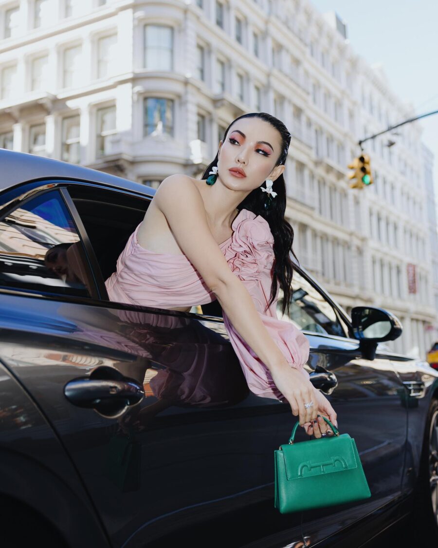 Jessica Wang wearing a Carolina Herrera gown while sharing pro makeup tips // Jessica Wang - JessicaWang.com