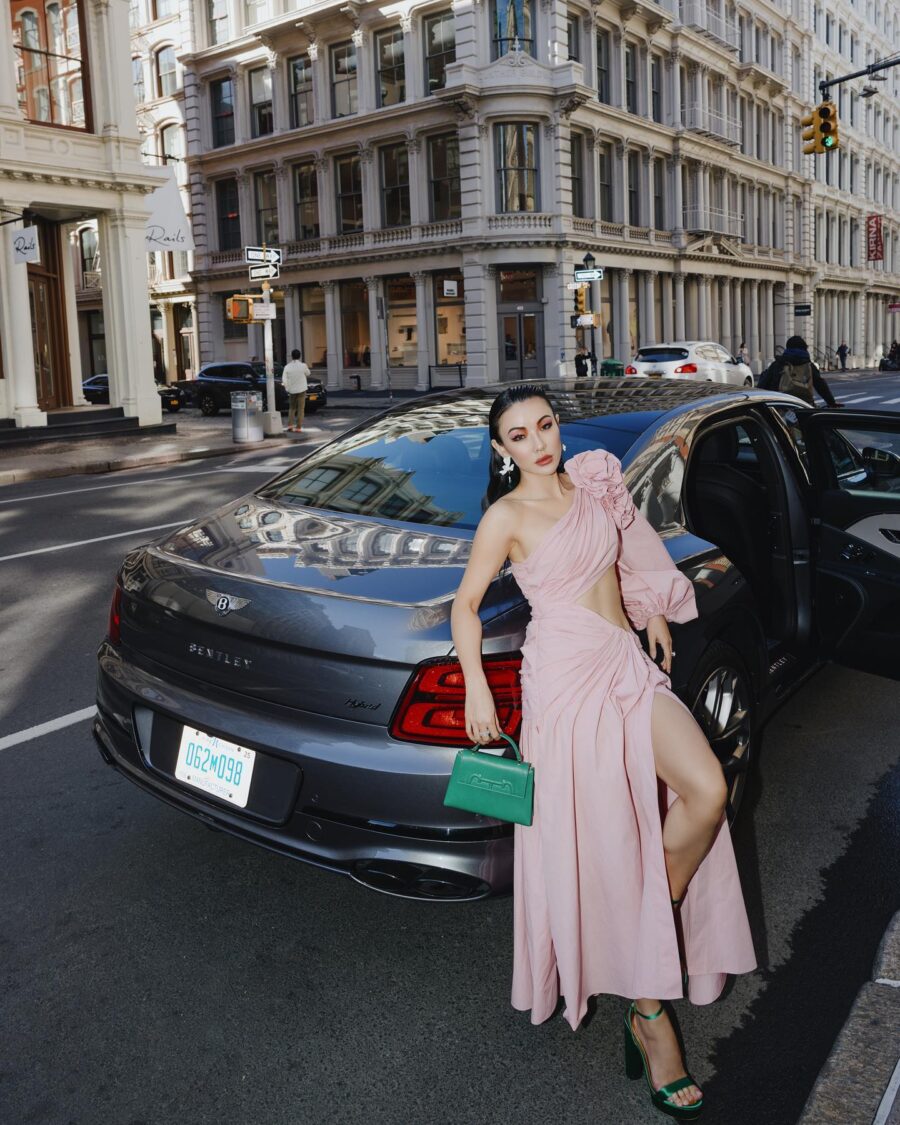 Jessica Wang wearing a Carolina Herrera one shoulder gown with green heels // Jessica Wang - JessicaWang.com