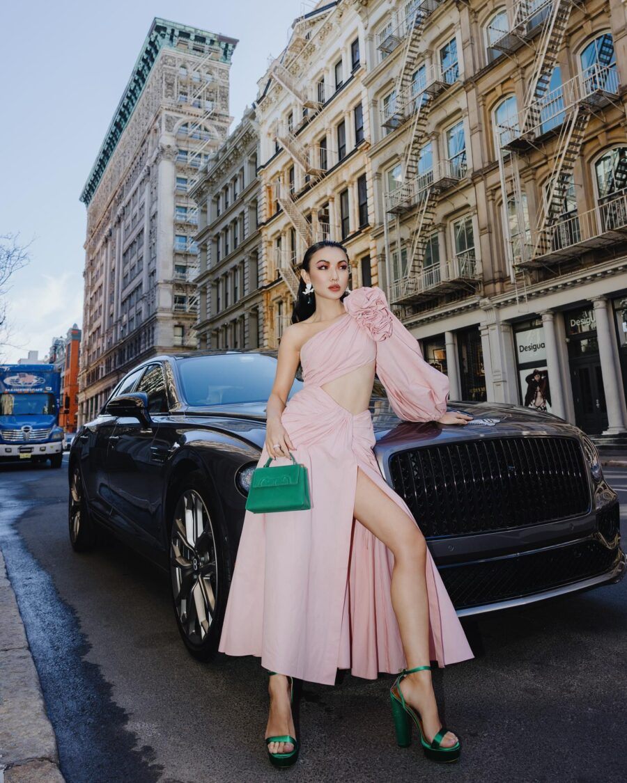 Jessica Wang wearing a Carolina Herrera one shoulder gown while sharing pro makeup tips // Jessica Wang - JessicaWang.com