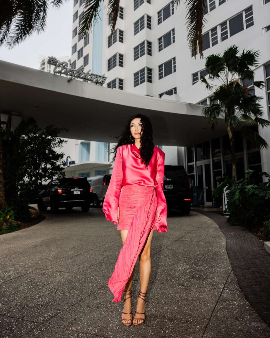 Jessica Wang wearing an H&M Studio pink mini skirt while sharing hair loss tips // Jessica Wang - JessicaWang.com