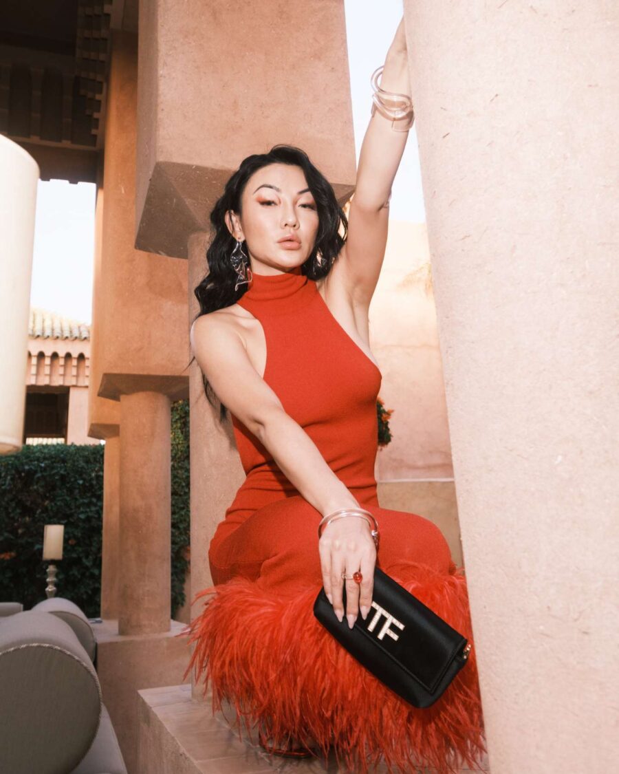 Jessica Wang wearing a red feather trim dress // Jessica Wang - JessicaWang.com