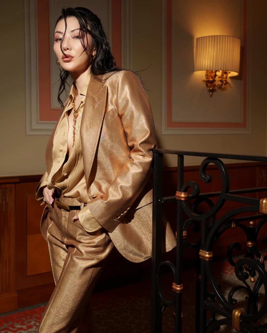 Jessica Wang wearing a Gold Tom Ford Blazer and Pants set while sharing tips to become more confident // Jessica Wang - JessicaWang.com