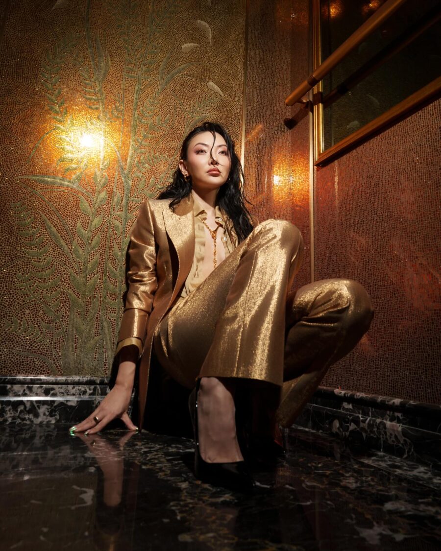Jessica Wang wearing Tom Ford suit set in gold while sharing tips to become more confident // Jessica Wang - JessicaWang.com