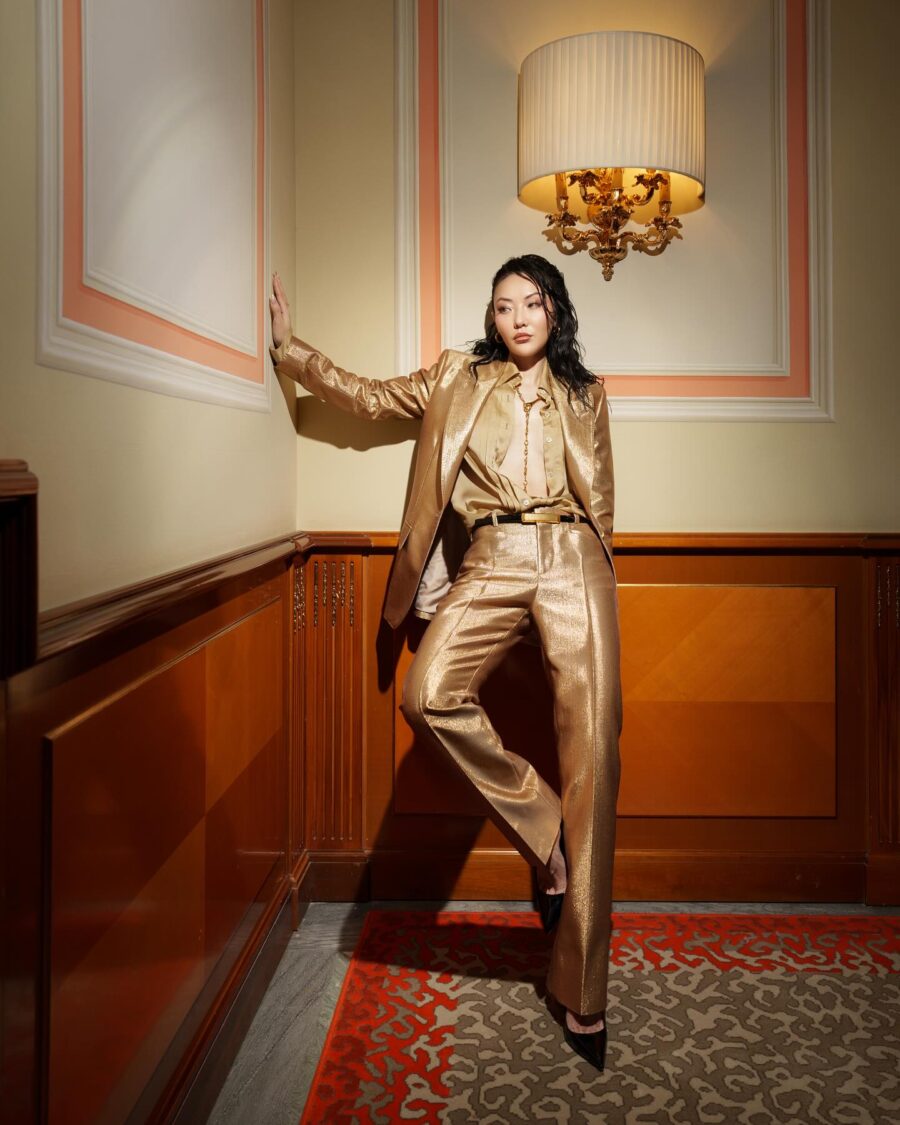 Jessica Wang wearing a metallic tom ford suit set // Jessica Wang - JessicaWang.com