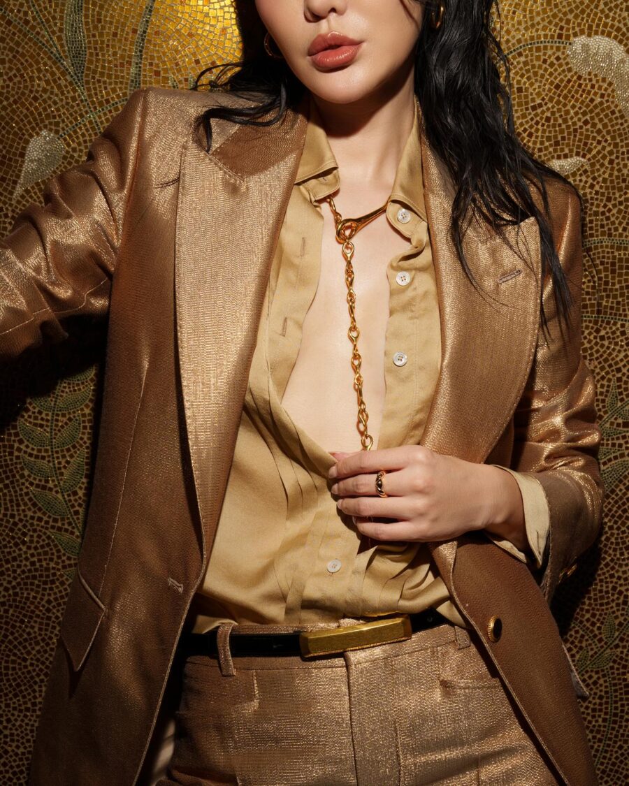 Jessica Wang wearing a gold tom ford shirt while sharing tips to become more confident // Jessica Wang - JessicaWang.com