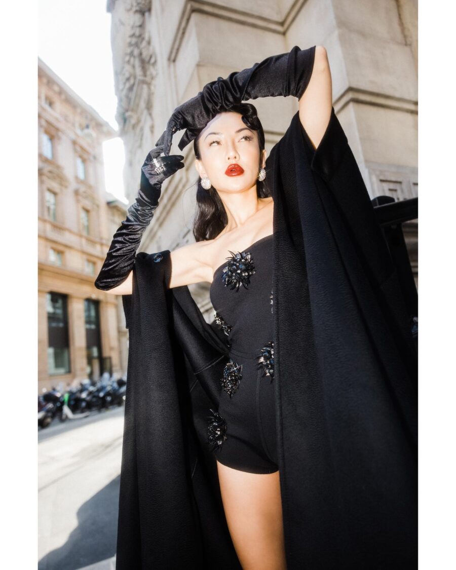 Jessica Wang wearing an embellished black romper // Jessica Wang - JessicaWang.com