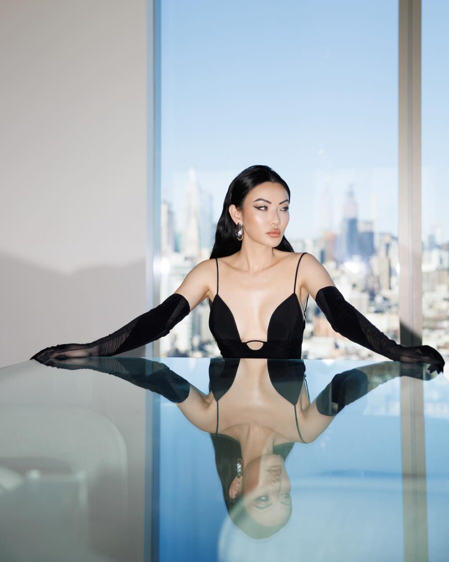 Jessica Wang wearing a black asymmetrical mugler dress // Jessica Wang - JessicaWang.com