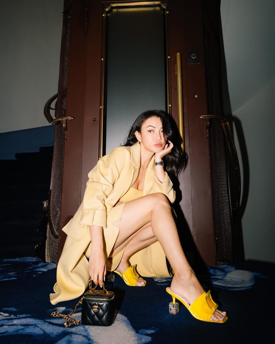 Jessica Wang wearing a Max Mara jacket and skirt with kitten heels // Jessica Wang - JessicaWang.com