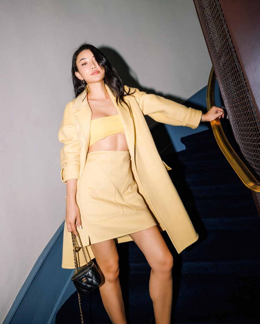 Jessica Wang wearing a yellow Max Mara Bandeau top while sharing tips to style kitten heels // Jessica Wang - JessicaWang.com