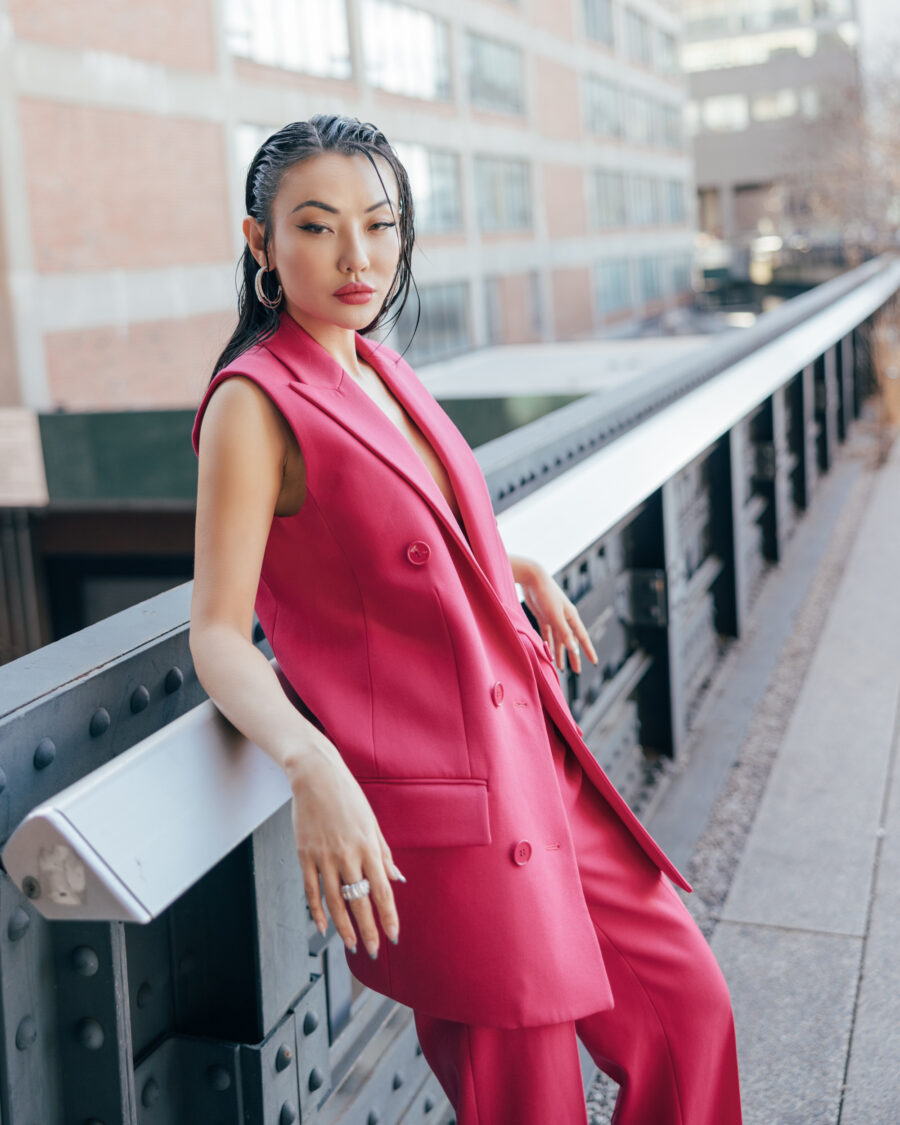 jessica wang wearing a hot pink suit